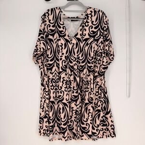 Amzplus Tunic Top Womens 5XL Pink Black Damask Empire Waist Pleated Plus Size
